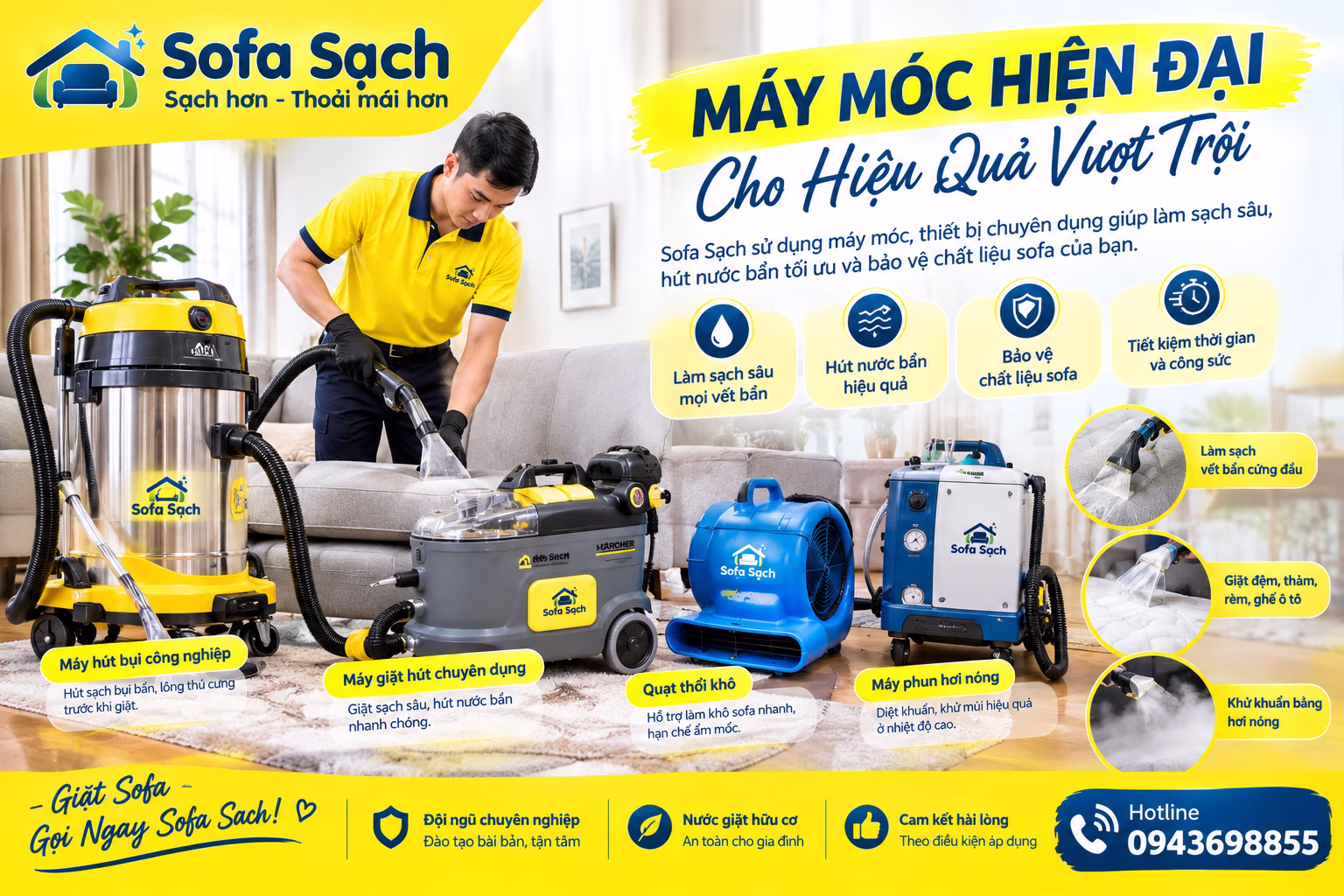 Sofa Sạch sử dụng máy hút bụi công nghiệp, máy giặt hút sofa chuyên dụng và thiết bị hỗ trợ làm khô khi vệ sinh sofa, đệm, thảm tại Hà Nội.
